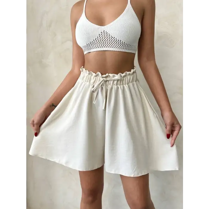 Volanlı keten şort bej s255058