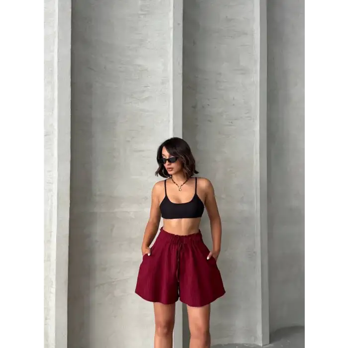 Volanlı keten şort bordo s255058