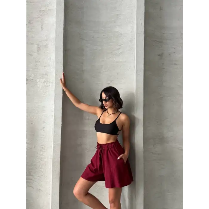 Volanlı keten şort bordo s255058