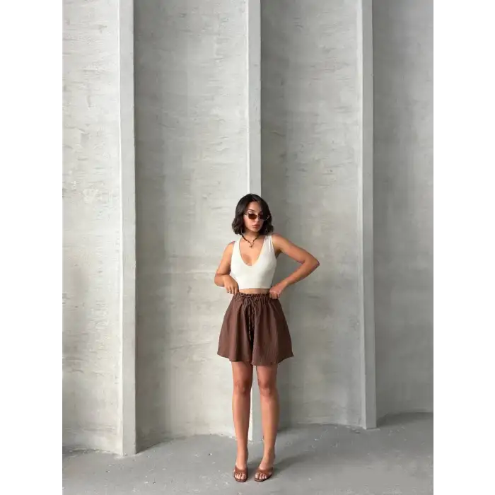 Volanlı keten şort kahve s255058
