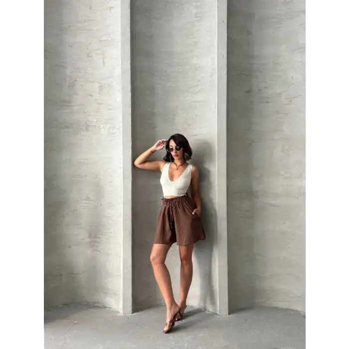Volanlı keten şort kahve s255058