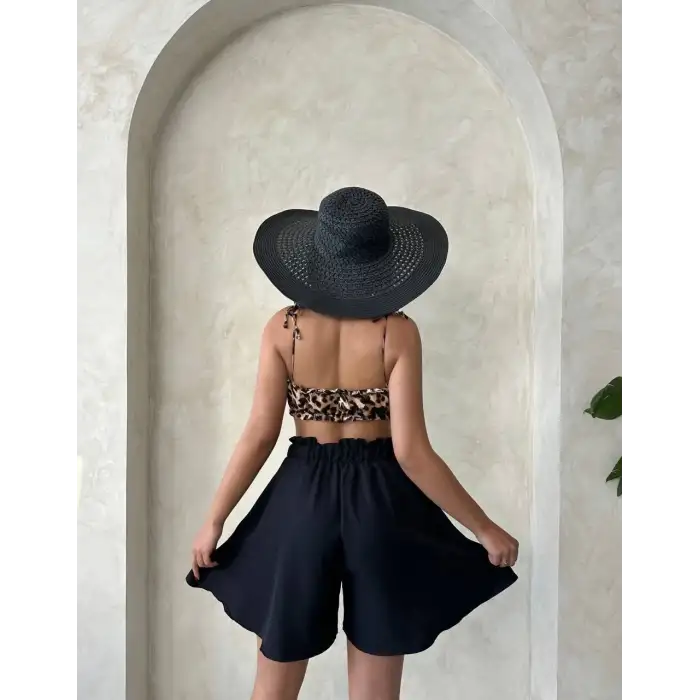 Volanlı keten şort siyah s255058