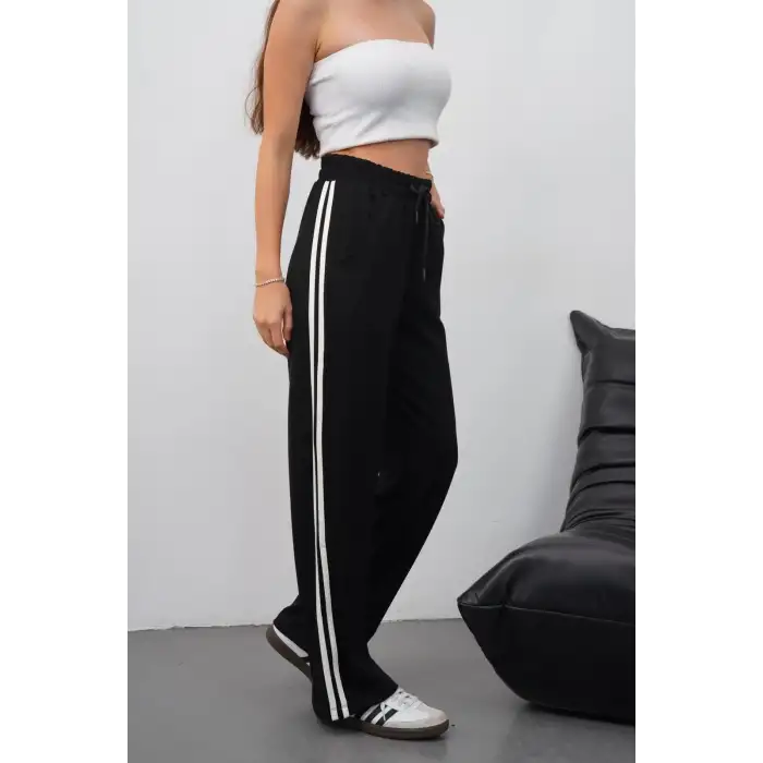 Yandan çift şeritli pantolon siyah