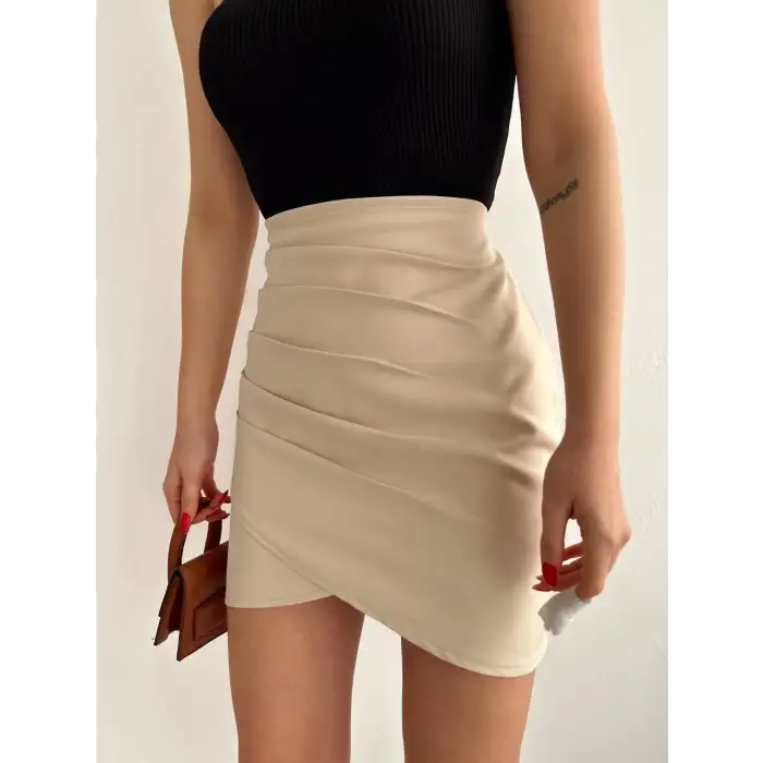 Yandan drapeli asimetrik etek bej s24771