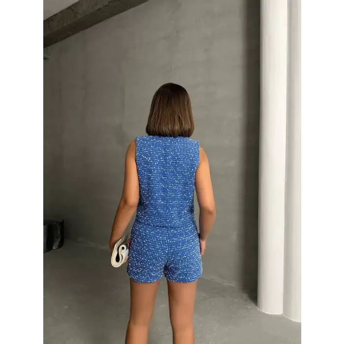 Yelekli şort takım saks