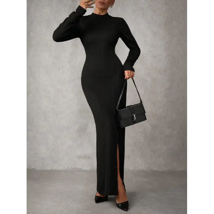 Yırtmaçlı jakarlı uzun elbise siyah A3793