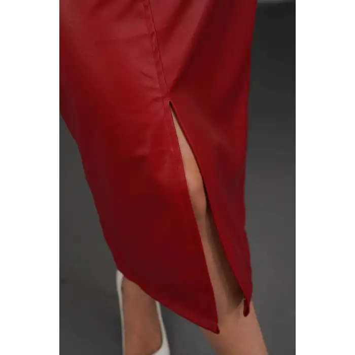 Yırtmaçlı uzun deri etek bordo