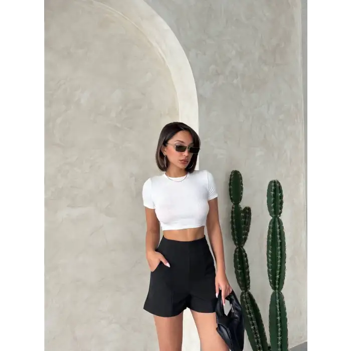 Yüksek bel parçalı double kumaş şort s25312