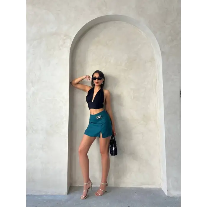Zincirli şort etek petrol yeşili s24676