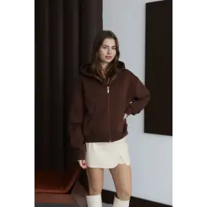 3 iplik şardonlu kapşonlu hoodie frm kahve p510437