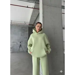 3 iplik şardonlu kapşonlu sweatshirt mint p510436