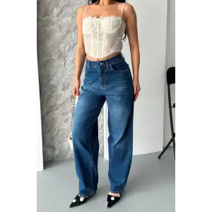 Baggy süper taş bıyık yıkama koyu mavi jeans pantolon d2007