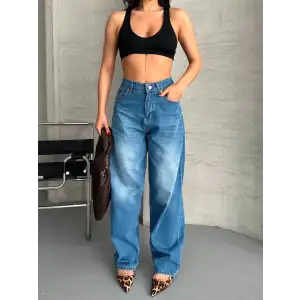 Baggy süper taş bıyık yıkama mavi jeans pantolon d2007