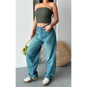 Baggy taş enzim bıyık yıkama jeans pantolon yeşil tint d2007