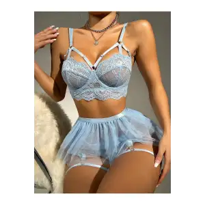Bebe Mavi Bel Tüllü Kadın Seksi Fantezi Jartiyer Takım 2059