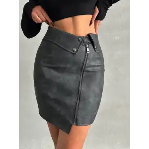 Beli pervazlı fermuarlı eskitme deri etek w24431