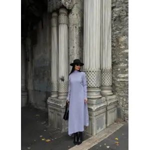 Boğazlı kalın bürümcük uzun elbise gri