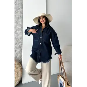 Cepli püsküllü kar yıkama kot ceket koyu mavi d2515