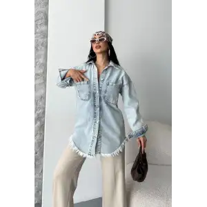 Cepli püsküllü kar yıkama kot ceket mavi d2515