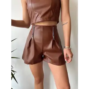 Çift fermuarlı deri şort kahve h24394