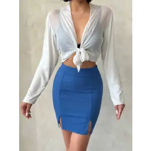 Çift yırtmaçlı etek indigo s25910