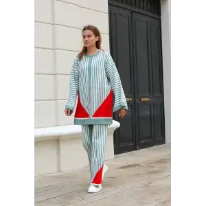 Çizgili bisiklet yaka triko takım Mint