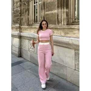 Crop pantolon biyeli takım pembe