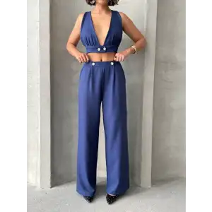 Crop pantolon keten takım s255012