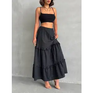 Fırfırlı brodeli astarlı uzun etek siyah s255047