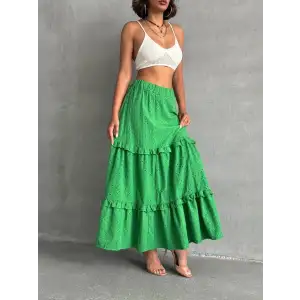 Fırfırlı brodeli astarlı uzun etek yeşil s255047