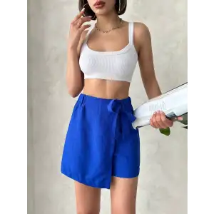 Fiyonklu şort etek saks s255021