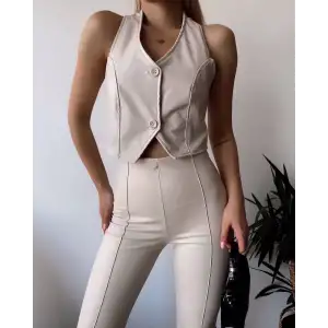 İki düğmeli deri yelek krem s243001