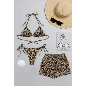 Kadın 3lü Set Leopar Desenli Şortlu ve Yandan Bağlamalı Bikini Mayo Takımı – Modern, Konforlu ve Günlük Kombinlere Uygun