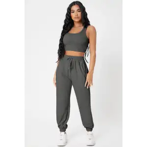 Kadın Antrasit Gri Kaşkorse Cepli Jogger Eşofman Altı ve Crop Top Bluz – Şık, Rahat ve Kolay Kombinlenebilir