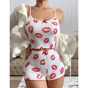 Kadın Beyaz Dudak Desenli Seksi Gecelik Takım 5021