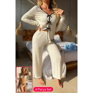 Kadın Beyaz Fiyonklu İç Çamaşırı ve Uzun Kollu V Yaka Pijama Takımı 4lü Set