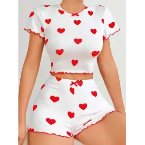 Kadın Beyaz kırmızı kalp Desenli şortlu Gecelik Takım 5023