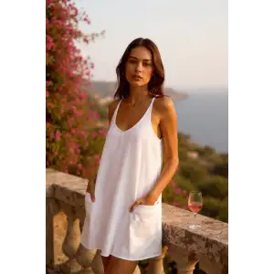 Kadın Beyaz Mini Cepli Tulum Plaj Elbisesi – Şık, Rahat ve 4 Mevsim Kullanıma Uygun