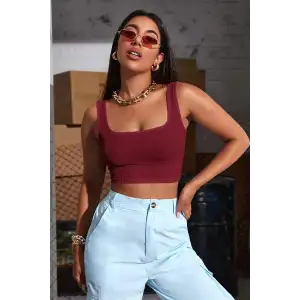 Kadın Bordo Kalın Askılı Crop Top Büstiyer – Modern ve Şık Tasarım