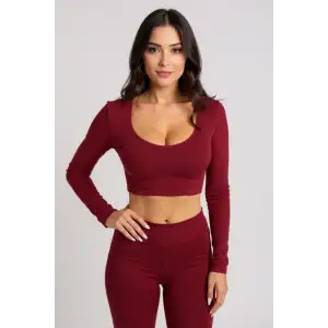 Kadın Bordo Uzun Kol Kare Yaka Crop Top Bluz