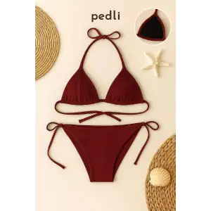 Kadın Bordo Yandan ve Boyundan Bağlamalı Bikini Mayo Takımı