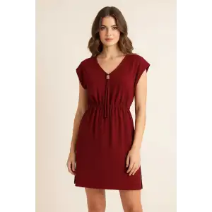 Kadın Bordo Yanları Yırtmaçlı Tokalı V Yaka Mini Plaj Elbisesi
