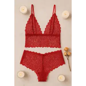 Kadın Kırmızı Dantel Bralet Şort Takımı – Tutkulu ve Çekici İç Giyim