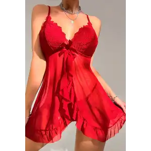 Kadın Kırmızı Dantelli, Fırfırlı Tül ve Fiyonk Detaylı Tangalı Gecelik Takımı – Modern, Konforlu