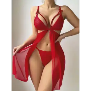 Kadın Kırmızı Fantezi Gecelik Tül Göğüs Dekolteli Önü açık 2194