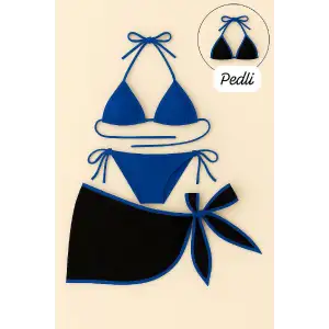 Kadın Mavi Pareolu Yandan ve Boyundan Bağlamalı 3lü Bikini Takımı – Modern, Konforlu ve Günlük Kombinlere Uygun
