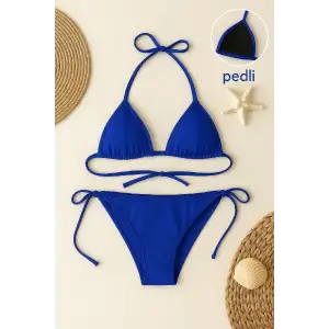 Kadın Mavi Yandan ve Boyundan Bağlamalı Bikini Mayo Takımı