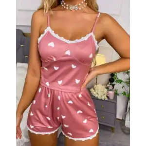 Kadın Pudra Kalp Desenli Seksi Gecelik Takım 5019