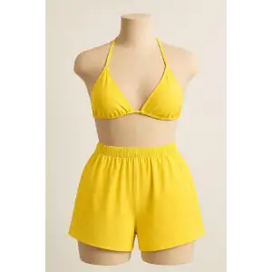 Kadın Sarı Şortlu Belden ve Boyundan Bağlamalı Bikini Takımı – Modern, Konforlu ve Günlük Kombinlere Uygun