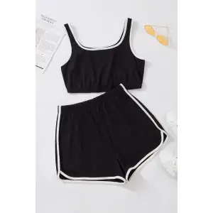 Kadın Siyah Askılı Crop Top ve Şortlu Gecelik Takım